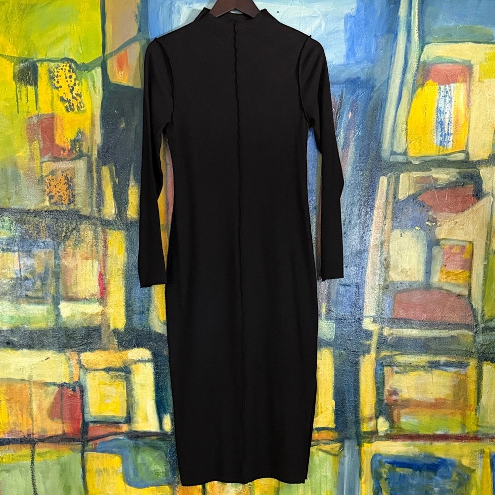 T.La for Anthropologie Black Long Sleeve Ribbed Mock Neck Side-Slit Midi Dress M